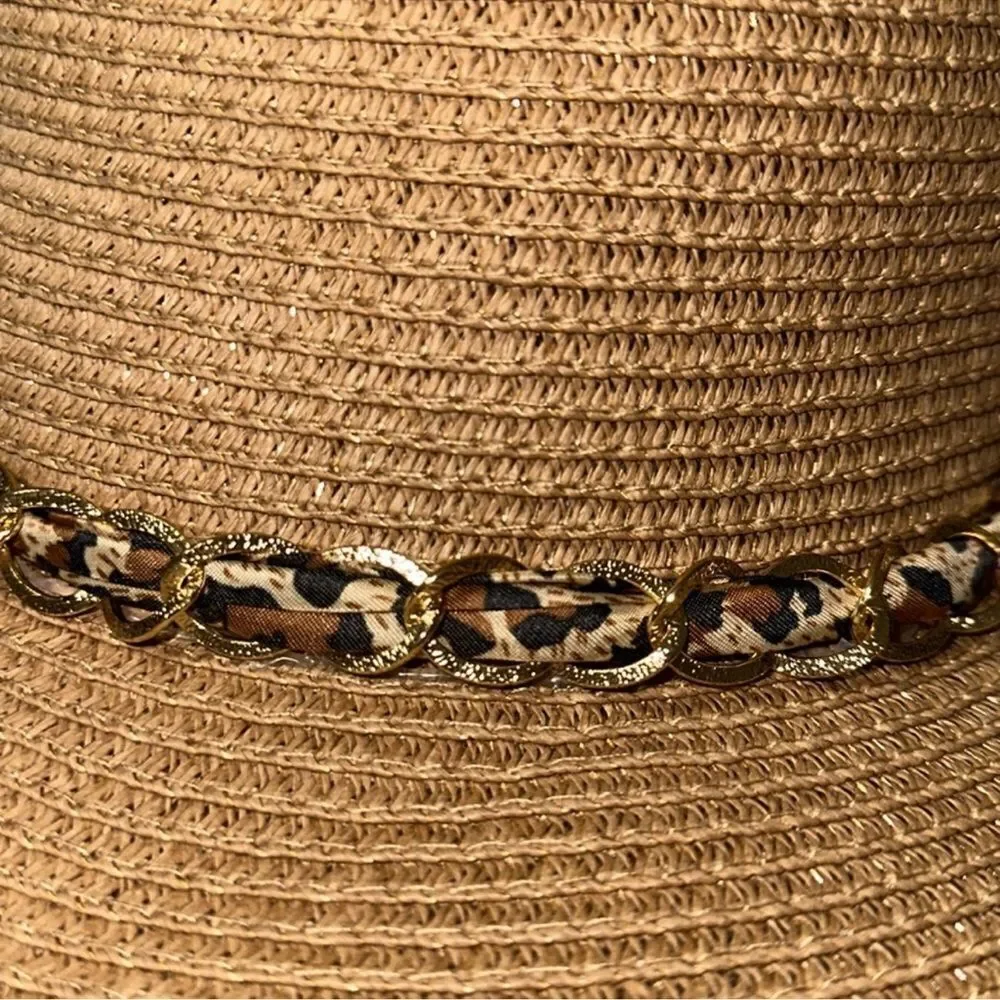 Tan Leopard Gold Tone Chain Scarf Puerto Rico Floppy Hat